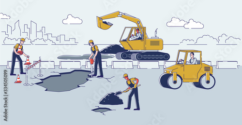 Concept Of Road Works. Workers Repair Road Surface. People Work With Tools And Heavy Machinery. Workers Use Excavator And Steamroller To Lay Asphalt. Cartoon Linear Outline Flat Vector Illustration