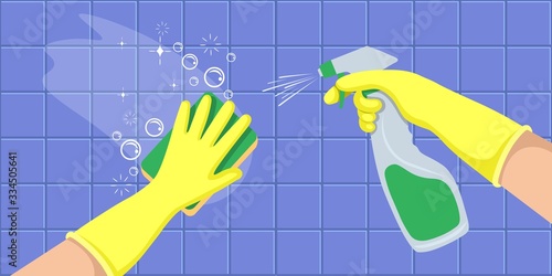 Hands in a yellow gloves holders disinfectant spray bottle and washes a wall. Concept for cleaning companies. Flat vector illustration.