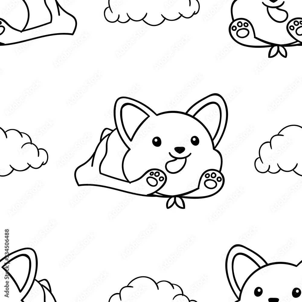Simple seamless pattern, black and white cute kawaii hand drawn dog doodles, coloring pages