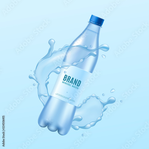 Realistic plastic bottle mockup in water splash - ad poster template