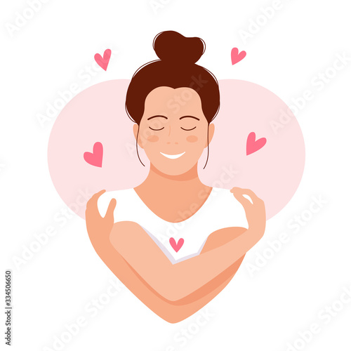 Love yourself. Love your body concept. Girl Healthcare Skincare. Take time for your self. Vector illustration. Woman hugging herself with hearts on white background. Pastel pink cute soft colors