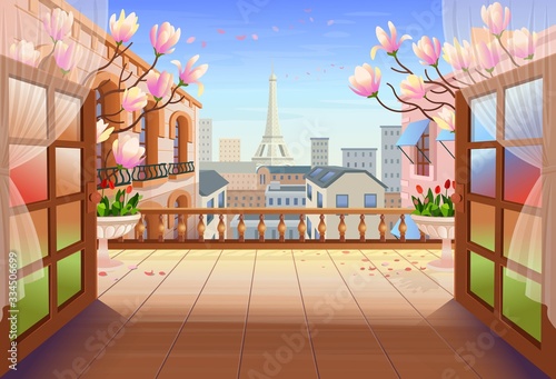 Panorama paris street with open doors, old houses, tower and flowers. Exit to the terrace with city view Vector illustration of city street in cartoon style.