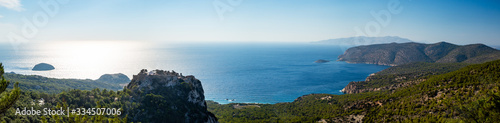 sea in mountains rhodos island greece
