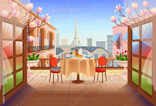 Panorama paris street with open doors, old houses, tower and flowers. Exit to the terrace with city view Vector illustration of city street in cartoon style.