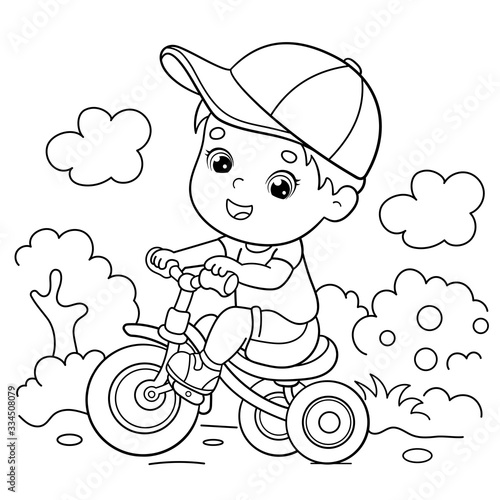 Coloring Page Outline Of a cartoon boy riding a Bicycle or bike. Coloring book for kids