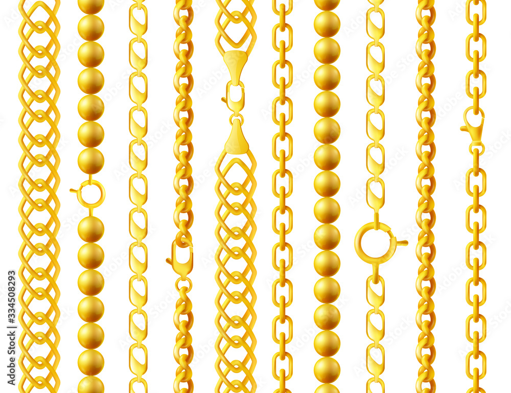 Realistic gold chain set with different link styles, shape and width Realistic gold chain set with different link styles, shape and width