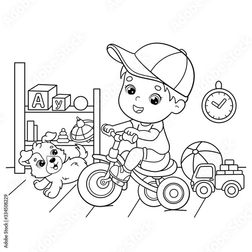 Coloring Page Outline Of a cartoon boy riding a Bicycle or bike with a dog. Game room and toys. Coloring book for kids