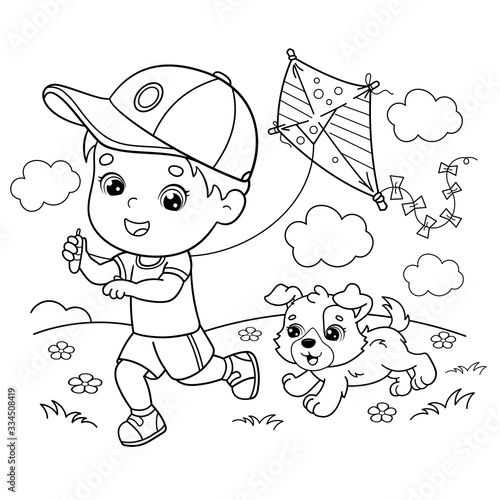 Coloring Page Outline Of cartoon boy running with a kite with dog. Coloring book for kids