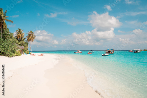 Beautiful Landscape background of Tropical beach summer at Maldives resort hotel and island with sea and sky for holiday vacation -Boost up color process