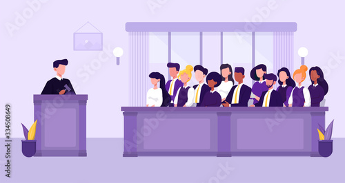 Tablou canvas Illustration of people, judge and courthouse in jury trial concept