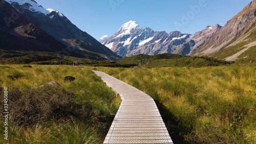 Hiking in New Zealand - Walking on popular Hooker Valley Trail in Aoraki / Mount Cook National Park. Summer. Slow Motion. photo