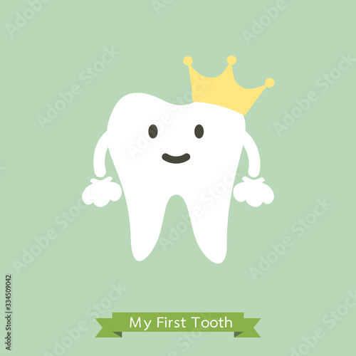 Baby first tooth, tooth is wearing golden crown - dental cartoon vector flat style