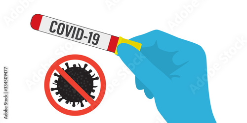 Hand in medical protective glove holding test tube with blood sample for COVID-19 test. Coronavirus Covid-19 test positive result.