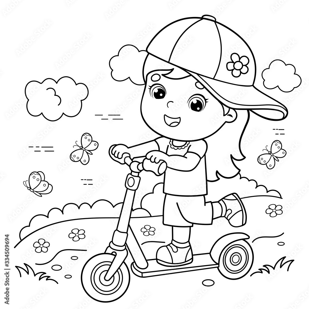 Coloring Page Outline Of cartoon girl on the scooter. Coloring book for kids Coloring Page Outline Of cartoon girl on the scooter. Coloring book for kids