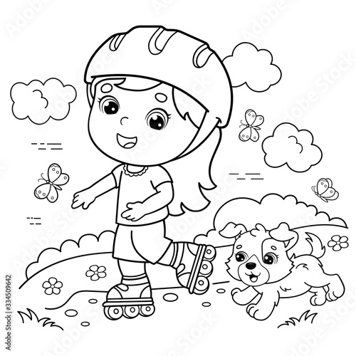 Coloring Page Outline Of cartoon girl on the roller skates with a dog. Coloring book for kids