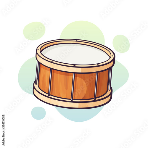 Vector illustration. Classical wooden drum. Percussion musical instrument. Blues, jazz, ska, orchestral or rock equipment. Clip art with contour for graphic design. Isolated on white background