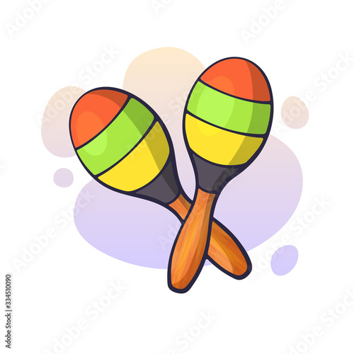 Vector illustration. Two crossed maracas in stripes. Impact and noise instrument. Equipment for Latin, rumba, folk, blues music. Clip art with contour for graphic design. Isolated on white background