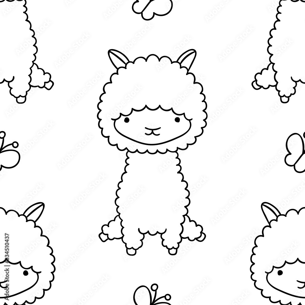 Fototapeta premium Simple seamless pattern, black and white cute kawaii hand drawn llama doodles, coloring pages