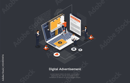 Isometric Digital Advertising Concept, Advertising Technologies. Computer Monitor, With Different Types Advertisement. Managers Develop The Advertising Campaign on The Internet. Vector Illustration