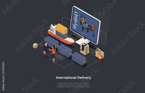 Isometric International Delivery And Global Logistics Concept. Work Staff And Customers Are Making The Deal About Delivery of a Large Consignment Maritime And Railway Transport. Vector Illustration