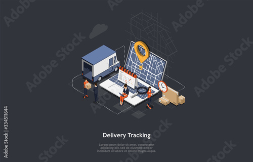 Isometric Online Cargo Delivery Tracking System With Gps Position Of Van On The Map. City Logistics Home and Office. Workers Deliver Goods And Monitoring The Location Of The Van. Vector Illustration