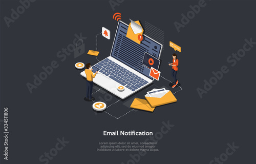 Isometric Email Notification Concept. People Receive And Send Emails. Big Laptop with Open Envelope And Infographics on The Screen. Man And Woman Are Sending Emails With Gadgets. Vector Illustration