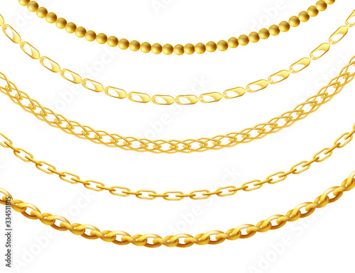 Metal gold chain set isolated on white background.