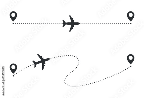 Airplane line path route. Straight and curved flight lines. Vector icon