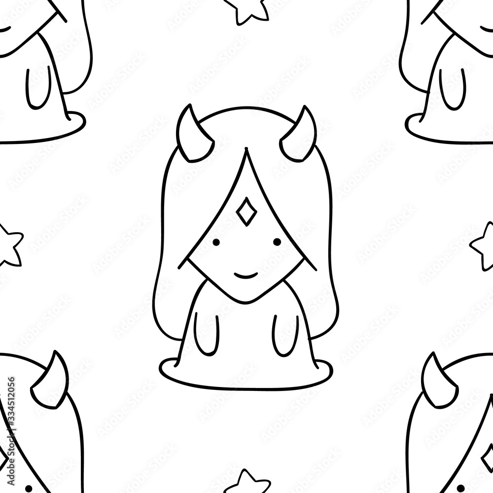 Simple seamless pattern, black and white cute kawaii hand drawn monster doodles, coloring pages Simple seamless pattern, black and white cute kawaii hand drawn monster doodles, coloring pages