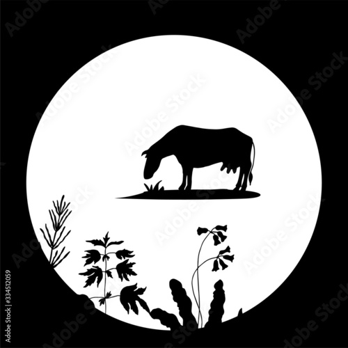 Cow  field grass. Black silhouette.Vector illustration.