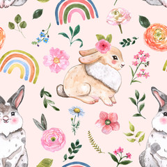Wandcirkels Konijn patronen Paashaasjes met regenbogen op roze  © Anna Nekotangerine