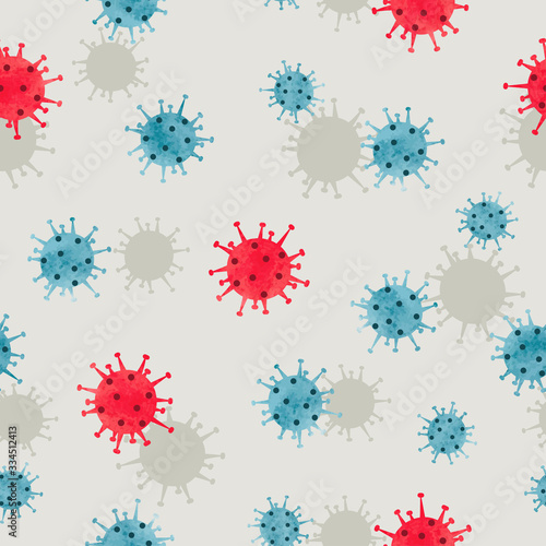 Seamless pattern with watercolor viruses. Coronavirus background, 2019-nCoV vector illustration