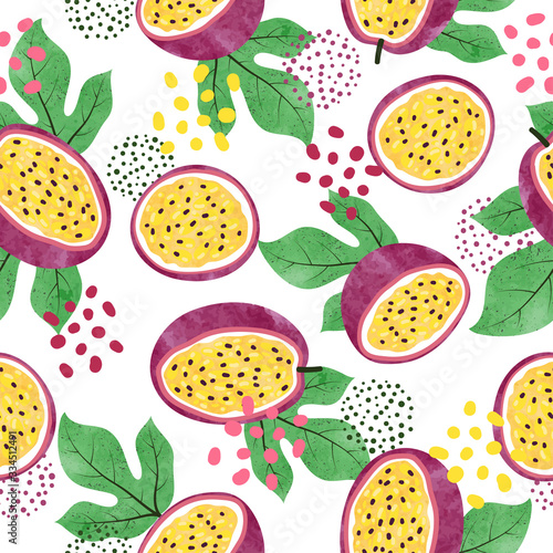 Seamless watercolor passion fruit pattern. Vector fruit background.