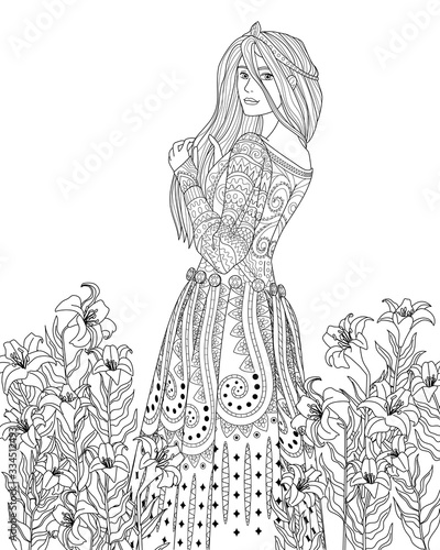 Coloring book for adults with beautiful medieval princess