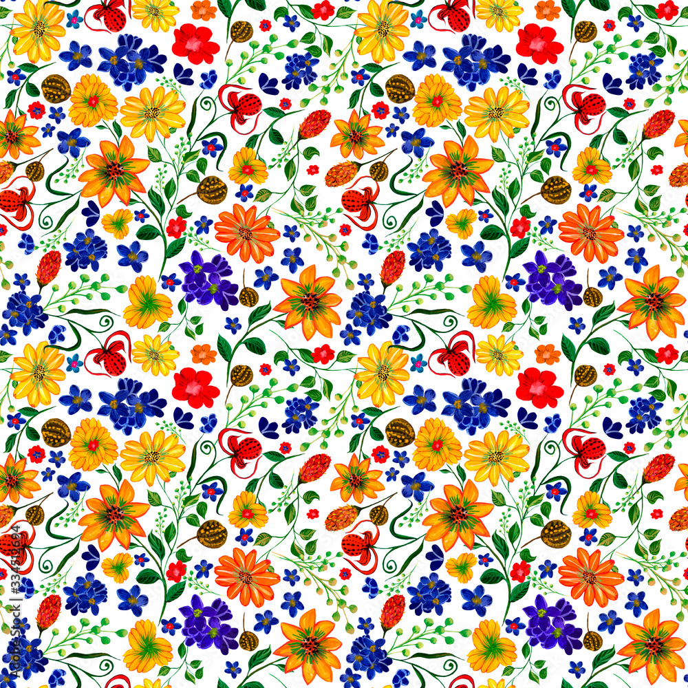 Bright flowers, leaves  drawn in gouache. Seamless pattern. Design of fabric, textile, bedding, curtains, wallpaper, background, packaging, covers, wrapping paper.