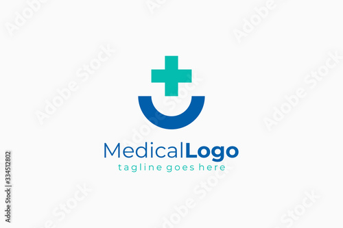 Blue Cross Sign with Half Circle Line Medical Logo Health Icon isolated on White Background. Flat Vector Logo Design Template Element