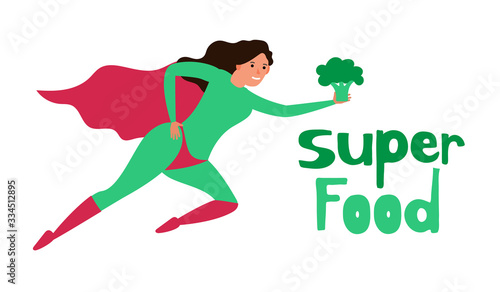 flying woman super hero with broccoli healthy food concept