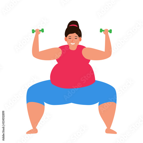 overweight woman doing exercise squat with dumbbells vector illustration weight loss