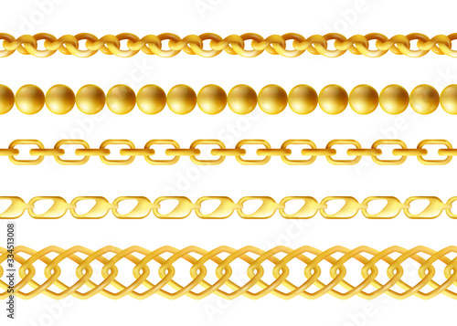 Gold chains seamless borders set, realistic vector illustration isolated.