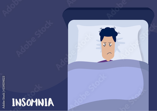 Flat Layer Cartoon of Sleepless man who suffer from insomnia