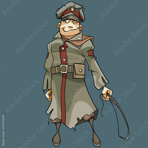 cartoon smiling man in shabby military uniform