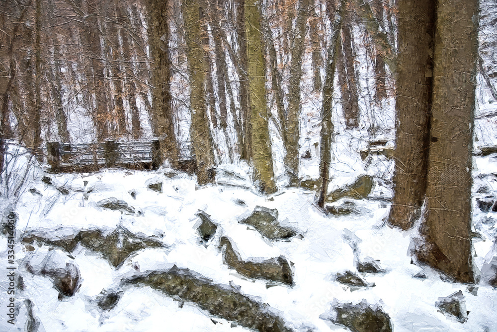 Impressionistic Style Artwork of a Snow Covered Bridge Deep in the Winter Forest Impressionistic Style Artwork of a Snow Covered Bridge Deep in the Winter Forest