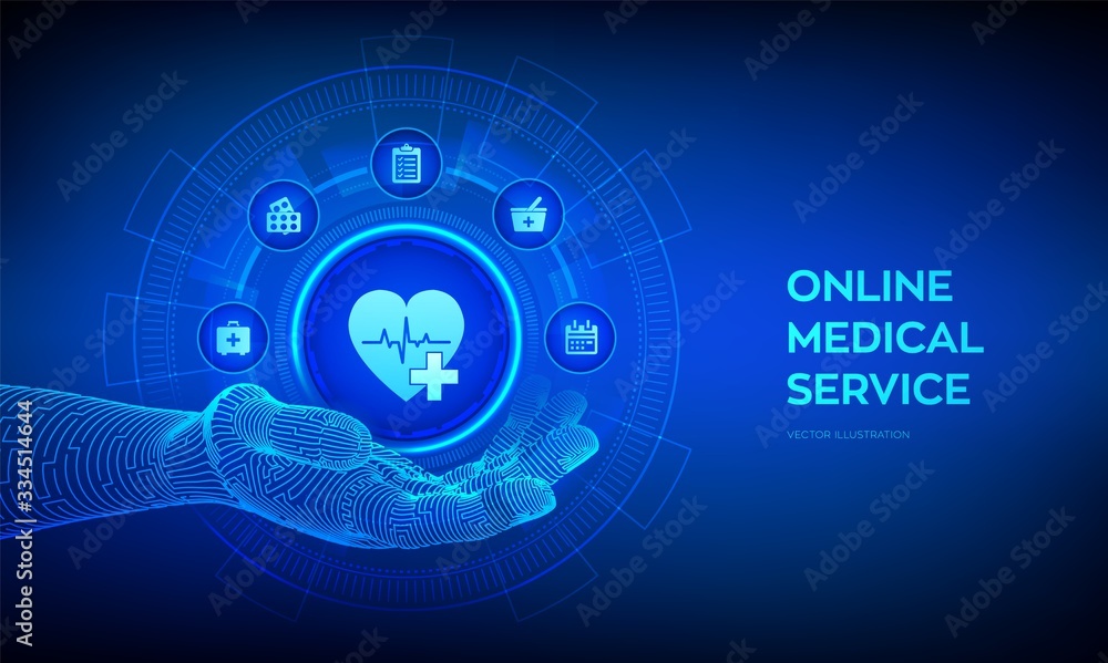 Online medical services icon in robotic hand. Doctor online. Healthcare, consultation and support concept. Medical clinic communication with patient. Vector illustration.