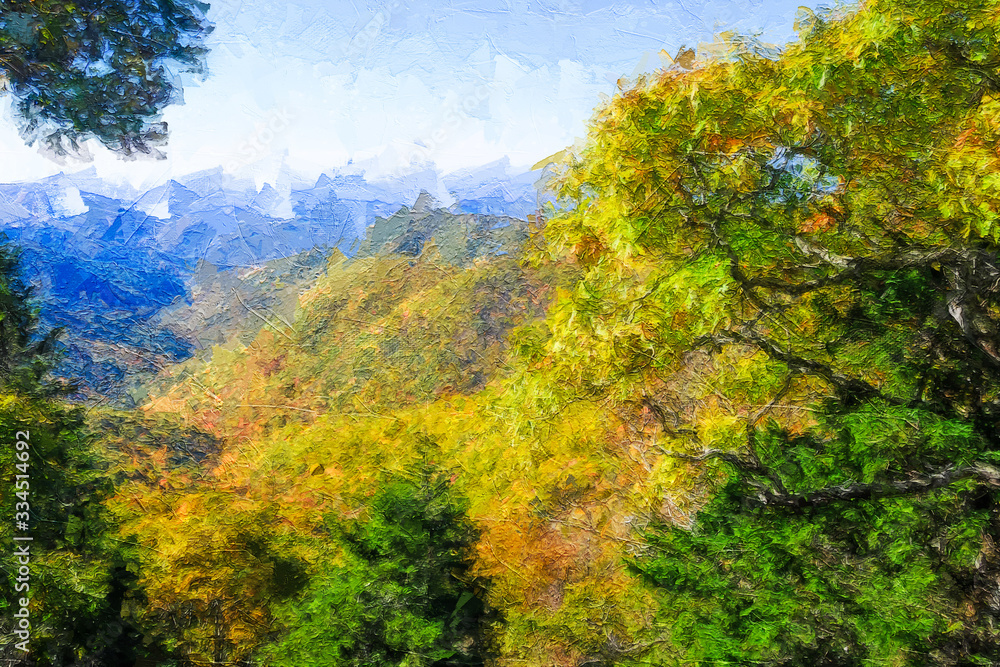 Impressionistic Style Artwork of Autumn in the Appalachian Mountains Viewed Along the Blue Ridge Parkway