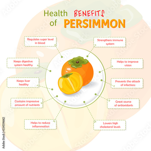 Health Benefits of persimmon. Persimmon nutrients infographic template vector illustration. Fresh Fruits