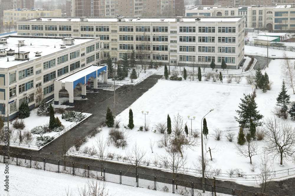 Obraz premium Empty schoolyard during coronavirus pandemic. Moscow, Russia