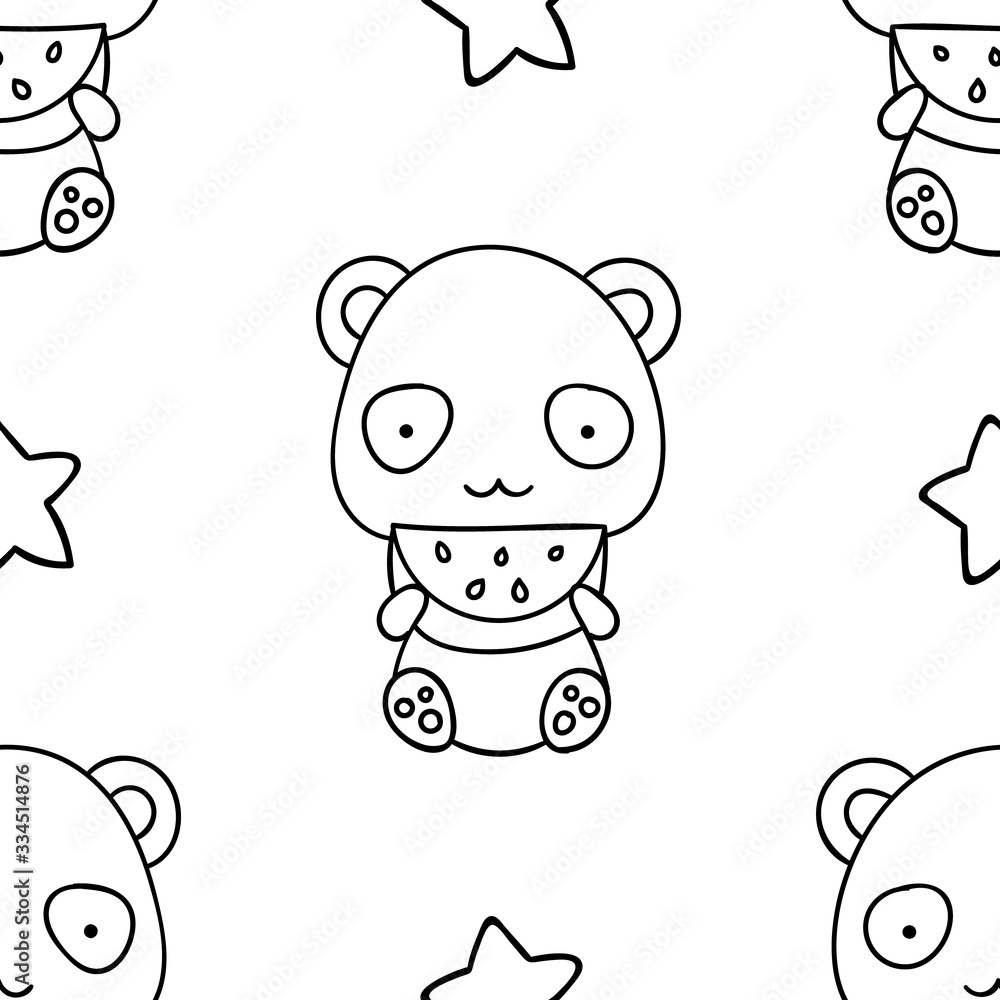 Simple seamless pattern, black and white cute kawaii hand drawn panda doodles, coloring pages Simple seamless pattern, black and white cute kawaii hand drawn panda doodles, coloring pages