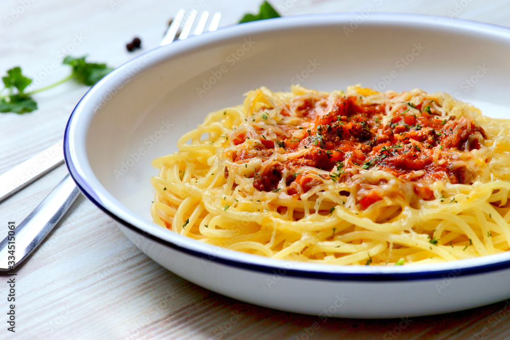 spaghetti Bolognese on a white plate