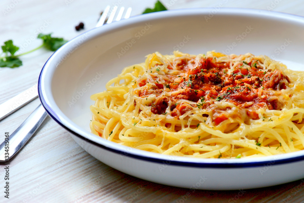 spaghetti Bolognese on a white plate spaghetti Bolognese on a white plate