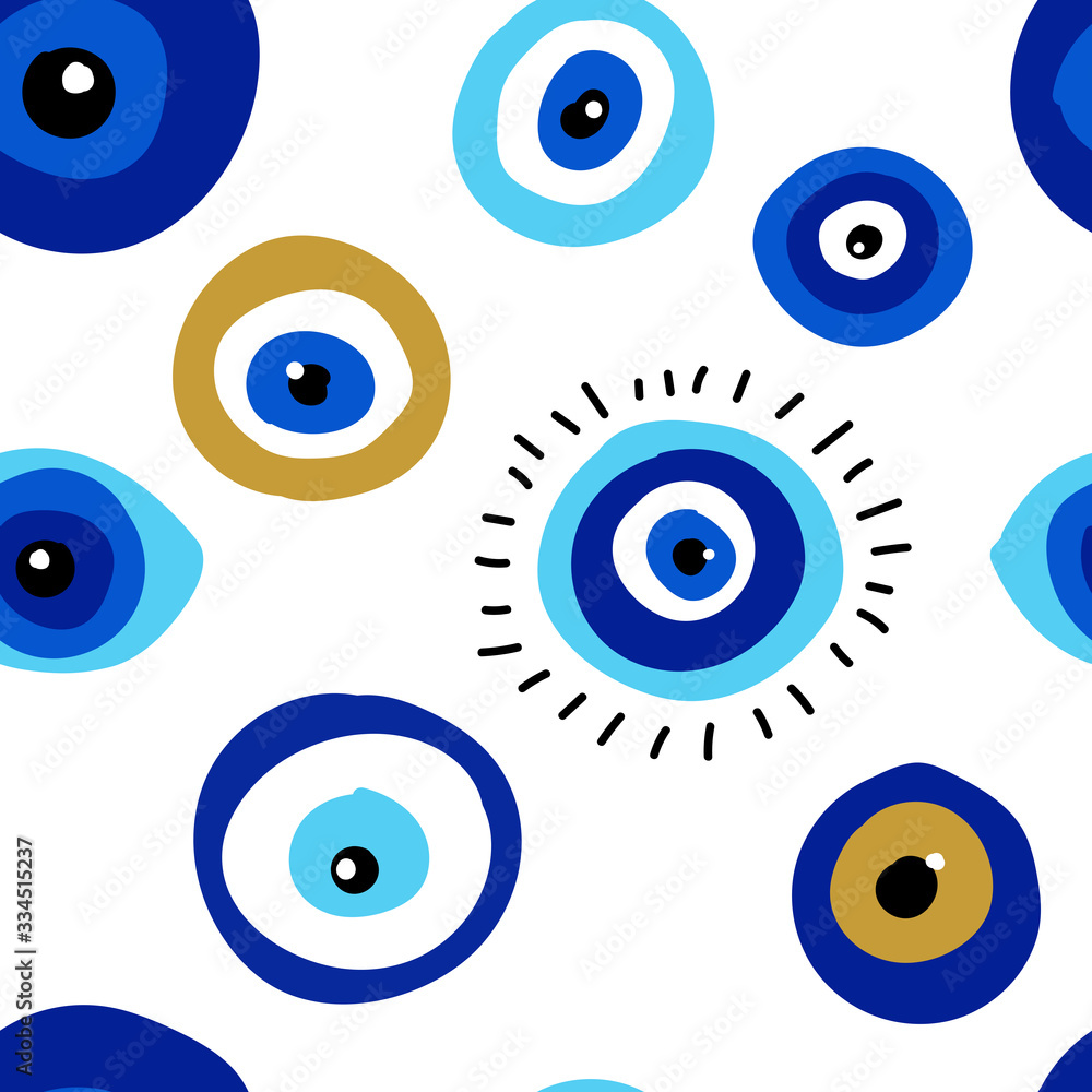 Seamless pattern with evil eyes, different talismans in hand drawn flat ...